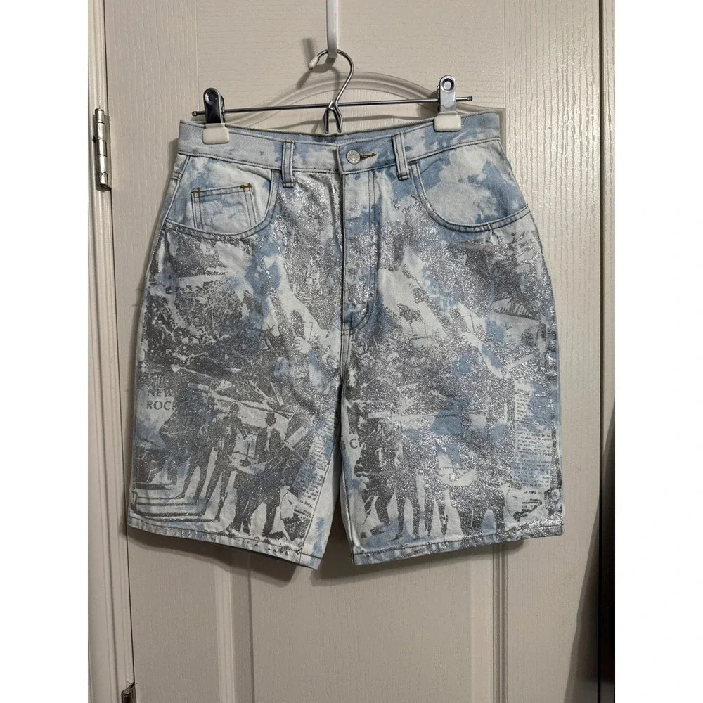Vintage Y2K High Waist Acid Cloud Wash Silver Glitter Denim Jean Shorts Jorts